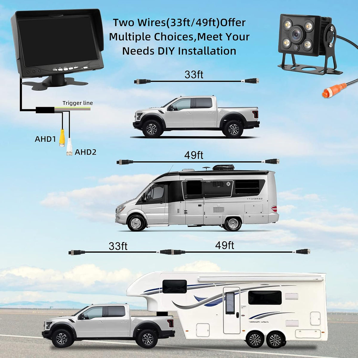 1080P RV Backup Camera Kit 7'' LCD Rear View Monitor IP68 Waterproof Night Vision J47435