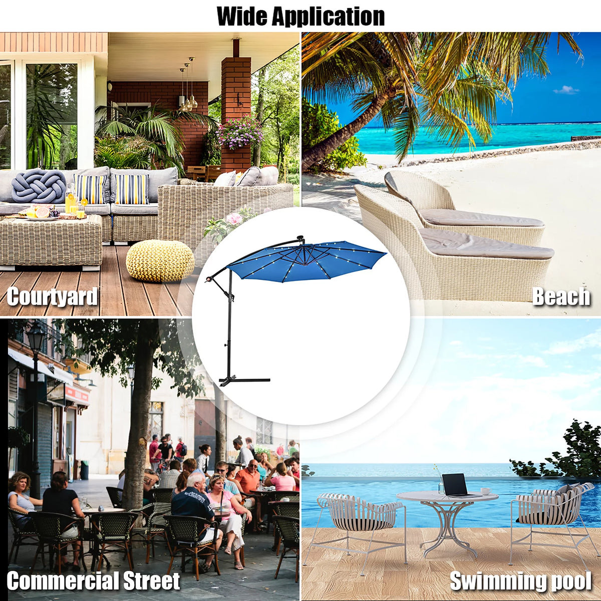 10' Solar LED Hanging Patio Umbrella with Base Tan W9080