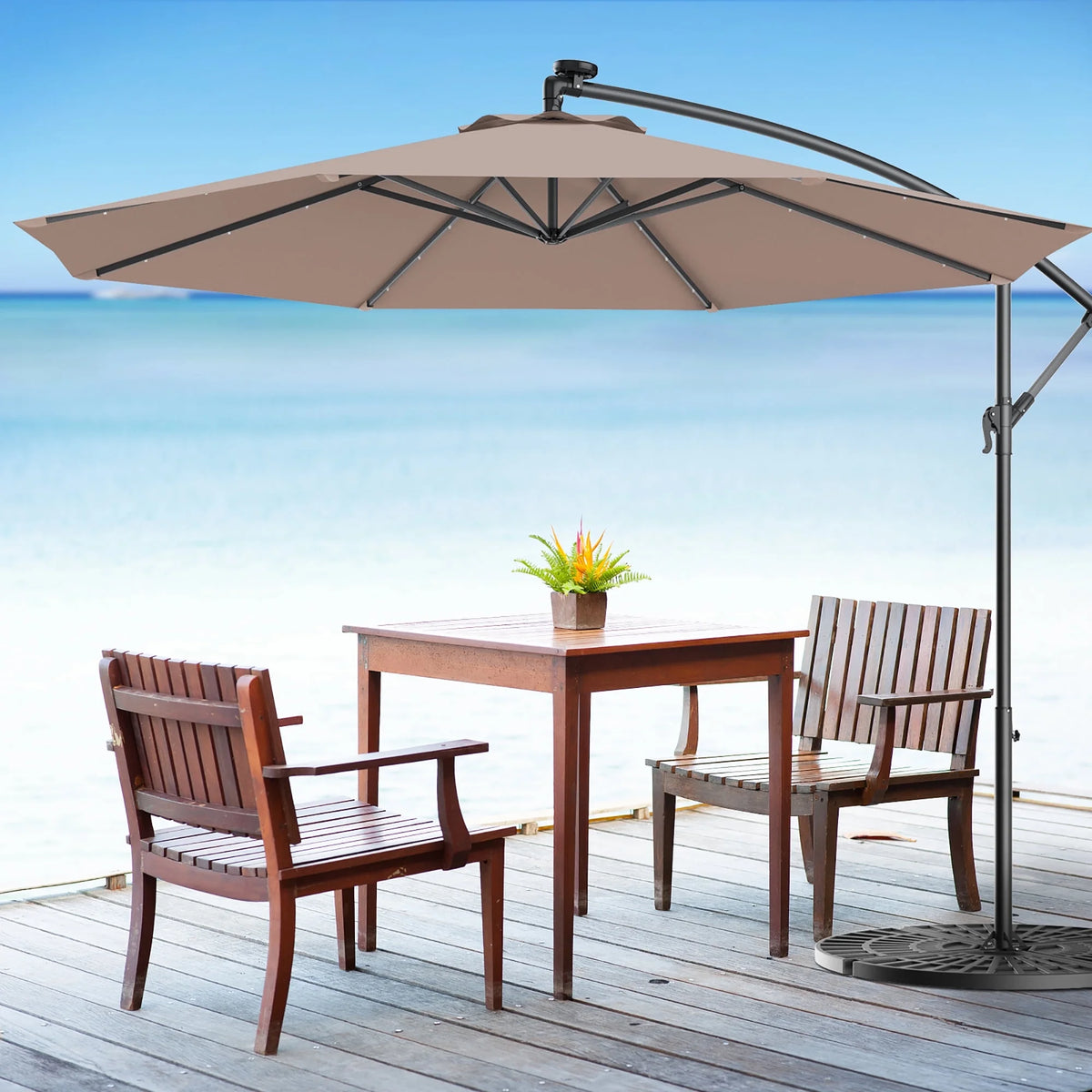 10' Solar LED Hanging Patio Umbrella with Base Tan W9080