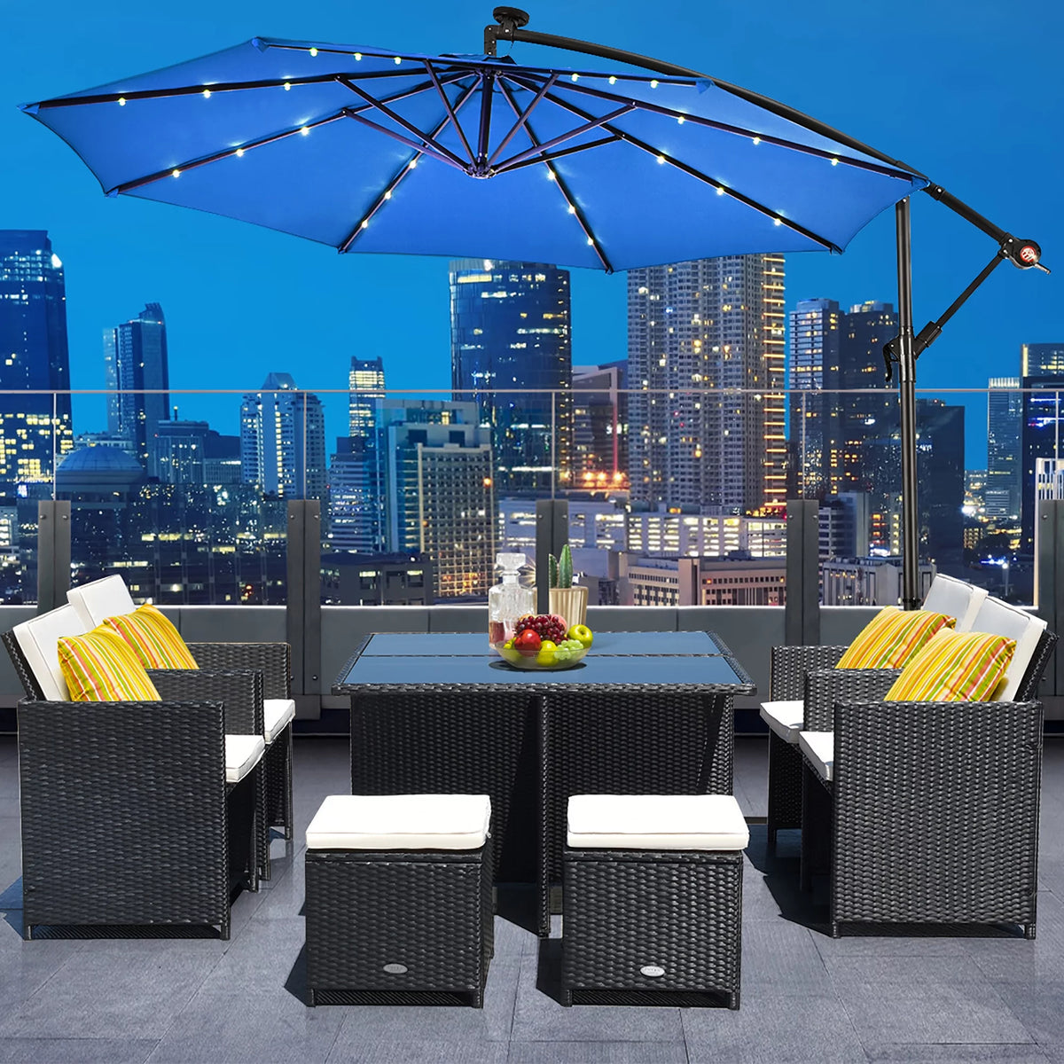 10' Solar LED Hanging Patio Umbrella with Base Tan W9080